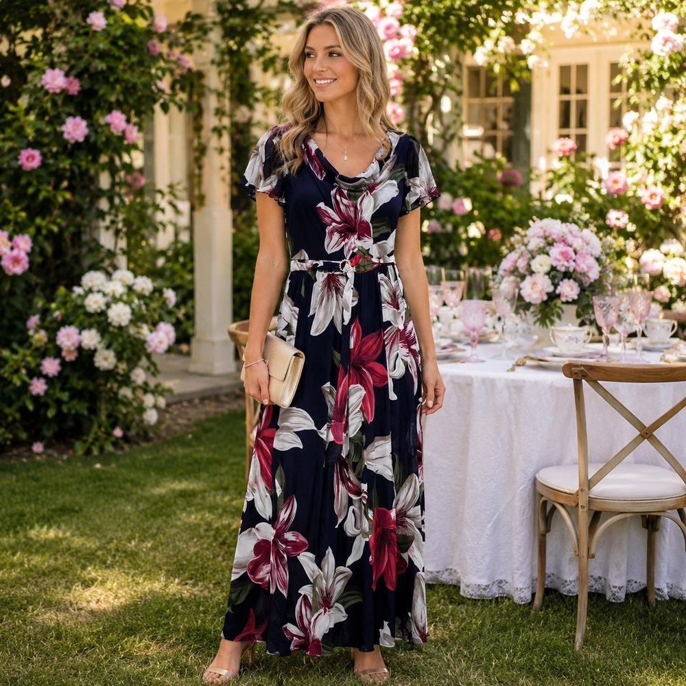 Alexa B Womens Navy Blue Floral Cowl Neck‎ Maxi Dress Rhinestone Buckle 4P